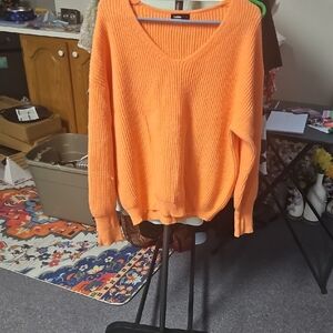 Orange V-Neck Sweater Soft Knit Pullover